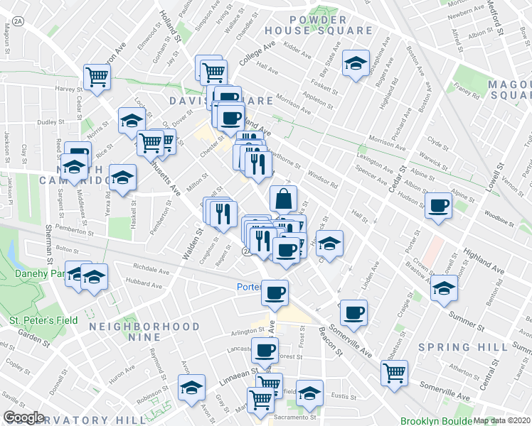 map of restaurants, bars, coffee shops, grocery stores, and more near 25 Beech Street in Cambridge