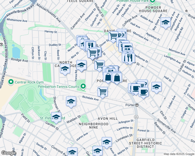 map of restaurants, bars, coffee shops, grocery stores, and more near 35 Pemberton Street in Cambridge