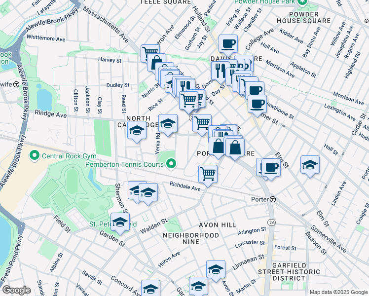 map of restaurants, bars, coffee shops, grocery stores, and more near 34 Fairfield Street in Cambridge