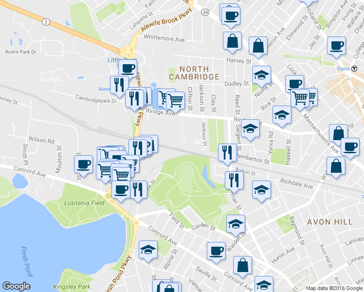 map of restaurants, bars, coffee shops, grocery stores, and more near 162 Alewife Brook Parkway in Cambridge
