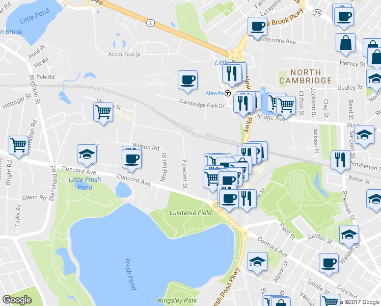 map of restaurants, bars, coffee shops, grocery stores, and more near 86 Fawcett Street in Cambridge