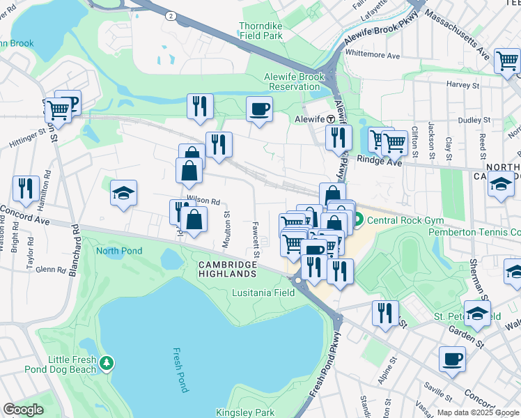 map of restaurants, bars, coffee shops, grocery stores, and more near 77 Fawcett Street in Cambridge