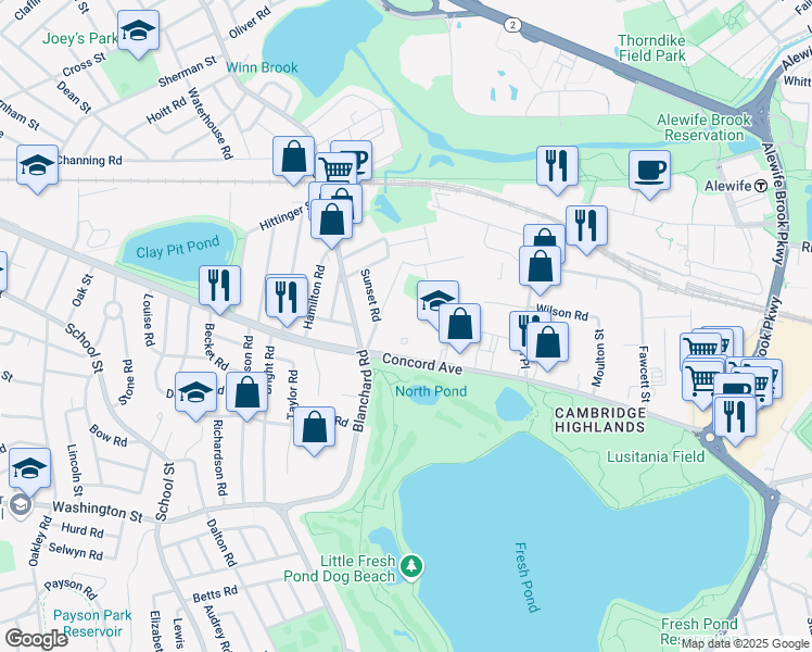 map of restaurants, bars, coffee shops, grocery stores, and more near 799 Concord Avenue in Cambridge