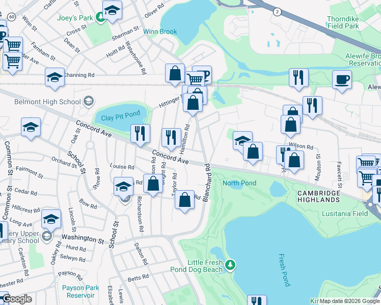 map of restaurants, bars, coffee shops, grocery stores, and more near 25 Concord Avenue in Belmont