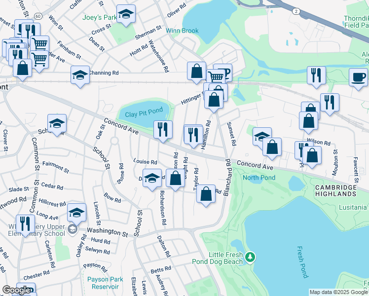map of restaurants, bars, coffee shops, grocery stores, and more near 90 Concord Avenue in Belmont
