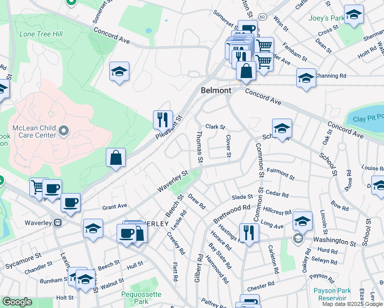 map of restaurants, bars, coffee shops, grocery stores, and more near 25 Shean Road in Belmont