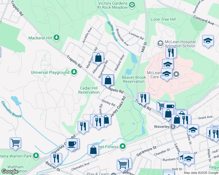 map of restaurants, bars, coffee shops, grocery stores, and more near 86 Trapelo Road in Waltham