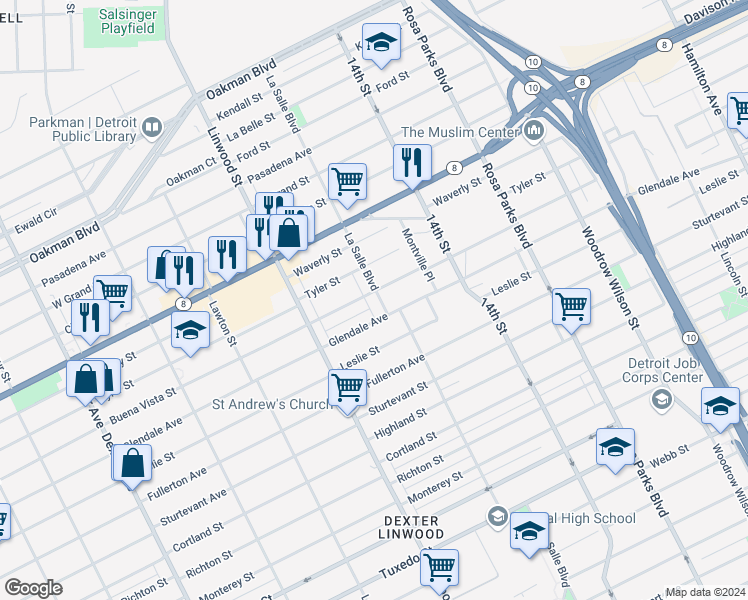 map of restaurants, bars, coffee shops, grocery stores, and more near 2427 Buena Vista Street in Detroit