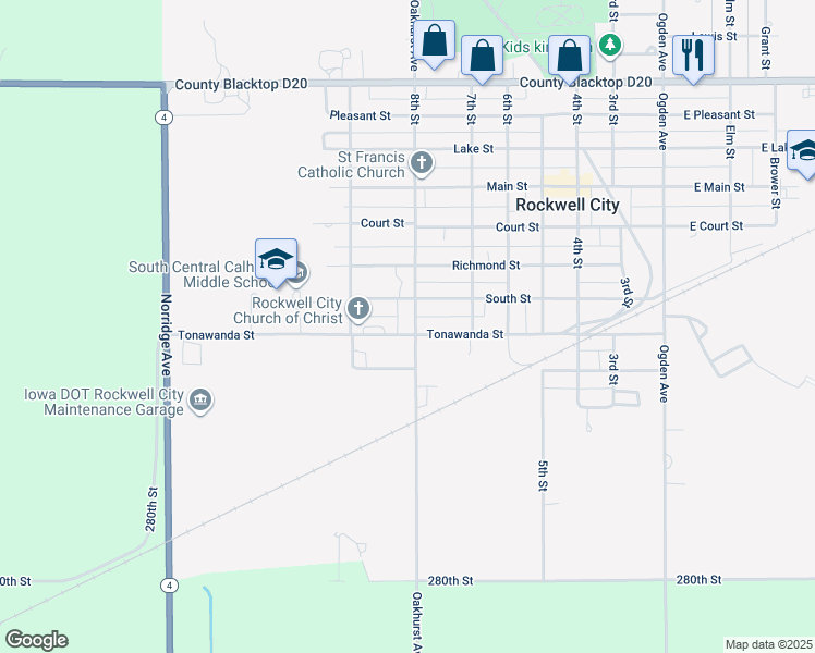 map of restaurants, bars, coffee shops, grocery stores, and more near 726 Tonawanda Street in Rockwell City