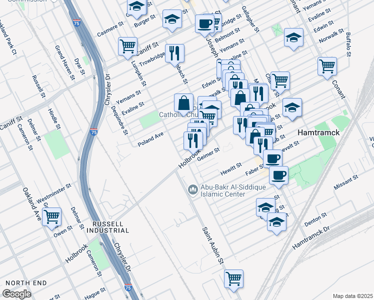 map of restaurants, bars, coffee shops, grocery stores, and more near 2222 Bernard Street in Hamtramck