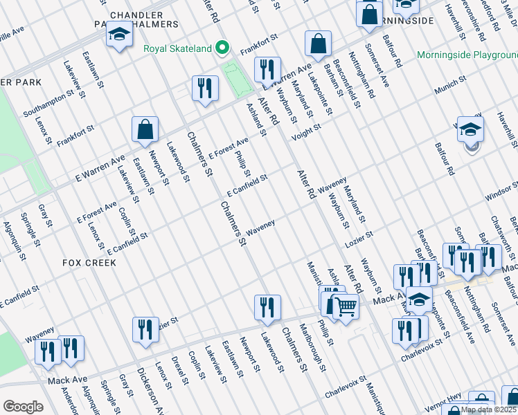 map of restaurants, bars, coffee shops, grocery stores, and more near 4350 Marlborough Street in Detroit