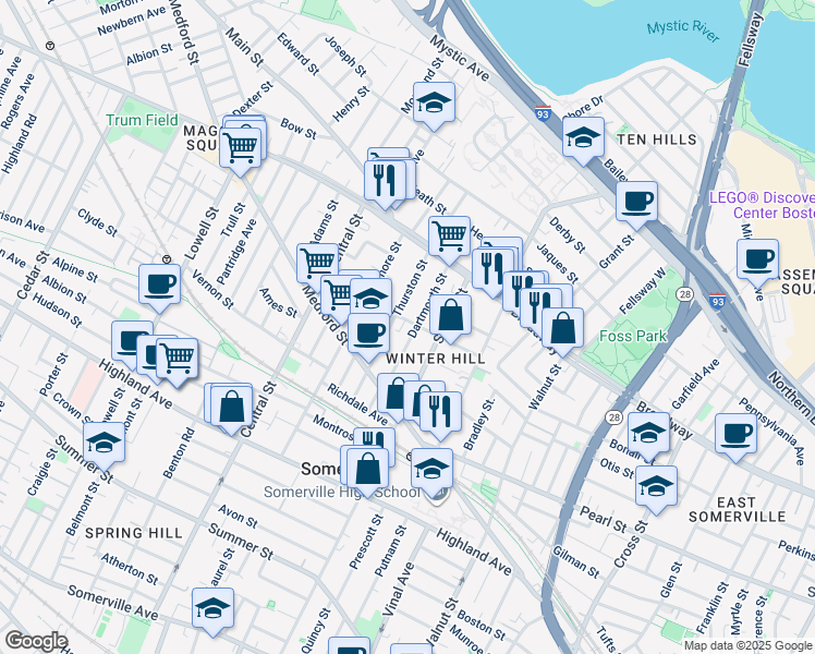 map of restaurants, bars, coffee shops, grocery stores, and more near 42 Evergreen Avenue in Somerville