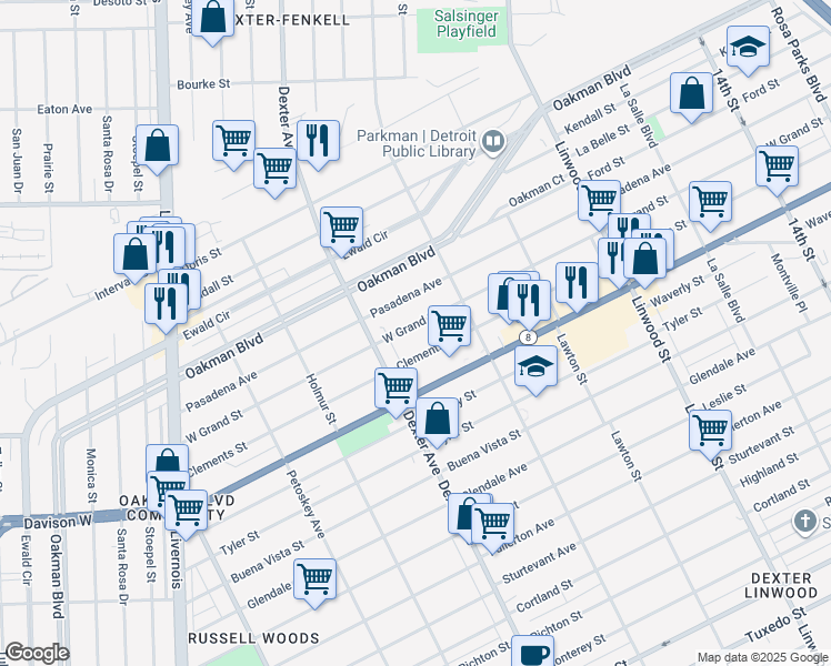 map of restaurants, bars, coffee shops, grocery stores, and more near 3300 Clements Street in Detroit