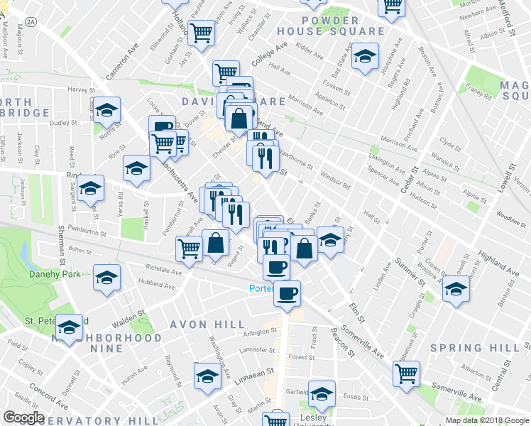 map of restaurants, bars, coffee shops, grocery stores, and more near 45 Orchard St in Mid-Cambridge