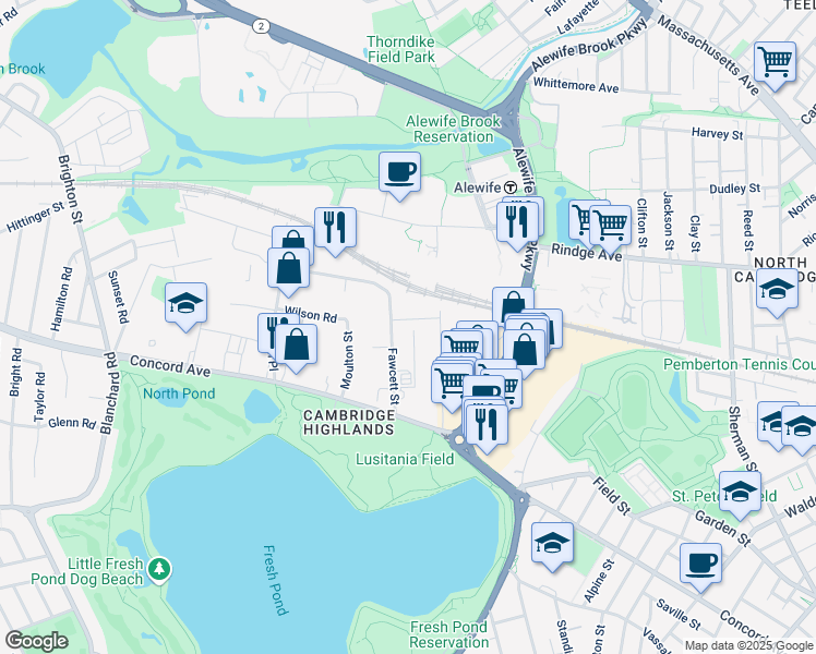 map of restaurants, bars, coffee shops, grocery stores, and more near 86 Fawcett Street in Cambridge