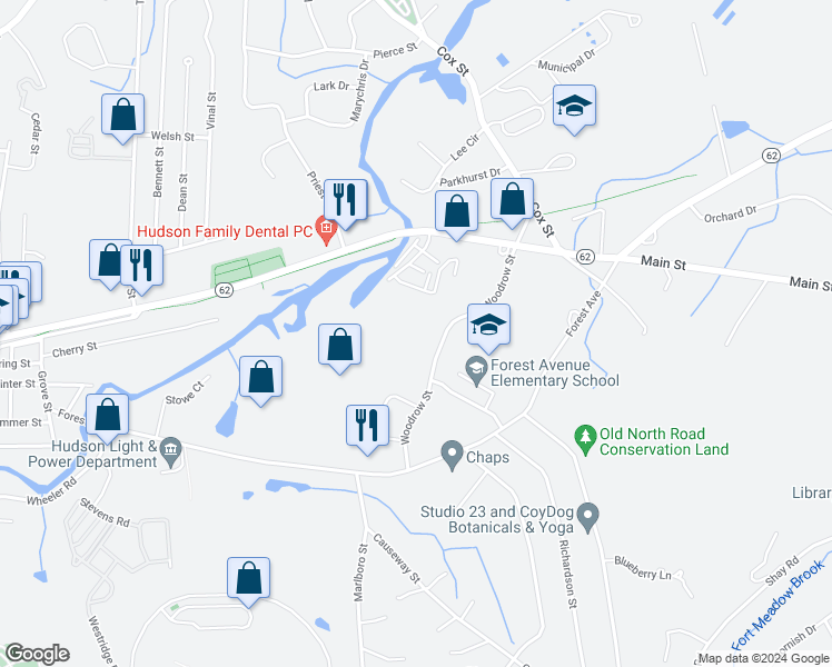 map of restaurants, bars, coffee shops, grocery stores, and more near 25 Woodrow Street in Hudson