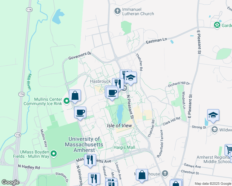 map of restaurants, bars, coffee shops, grocery stores, and more near 1 Campus Center Way in Amherst