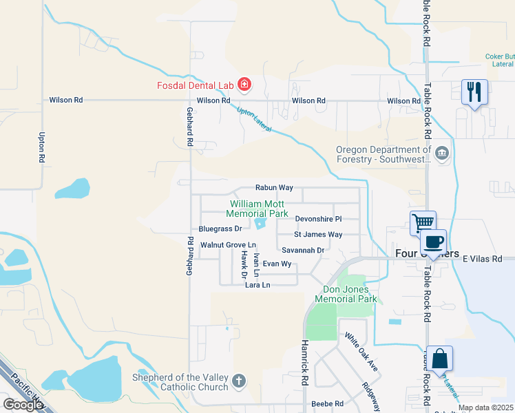 map of restaurants, bars, coffee shops, grocery stores, and more near 2190 Jeremy Street in Central Point
