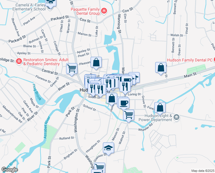 map of restaurants, bars, coffee shops, grocery stores, and more near 1 Church Street in Hudson