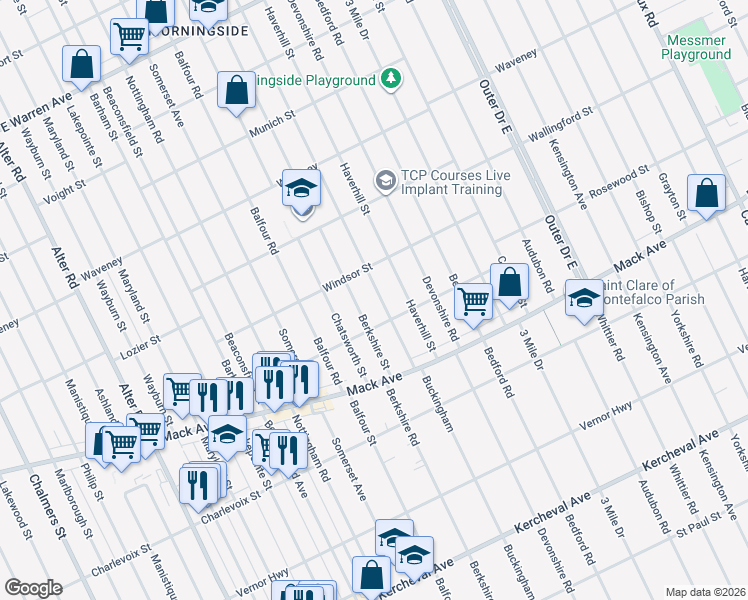 map of restaurants, bars, coffee shops, grocery stores, and more near 3635 Buckingham in Detroit
