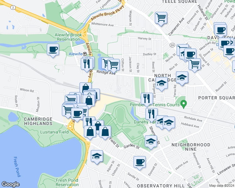map of restaurants, bars, coffee shops, grocery stores, and more near 162 Alewife Brook Parkway in Cambridge