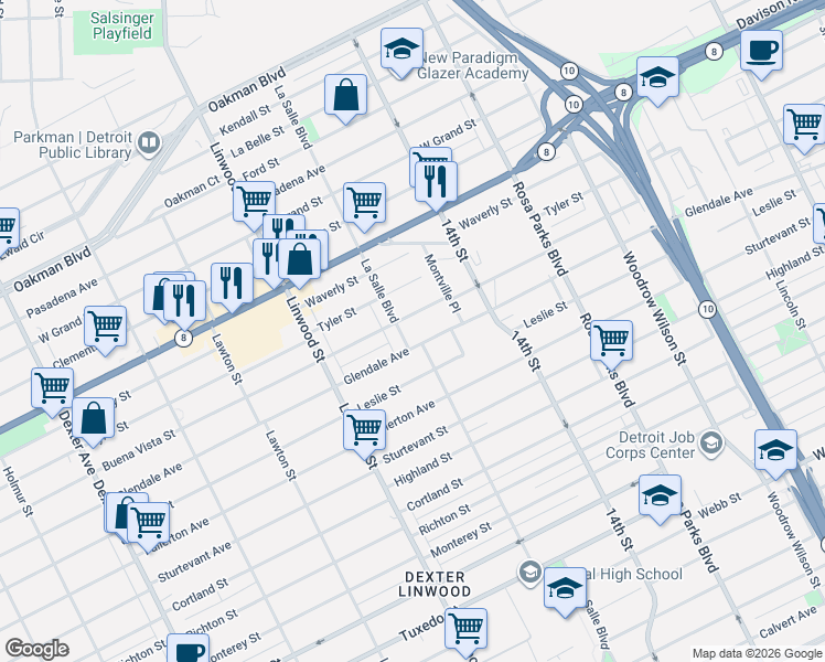 map of restaurants, bars, coffee shops, grocery stores, and more near 2338 Glendale Avenue in Detroit