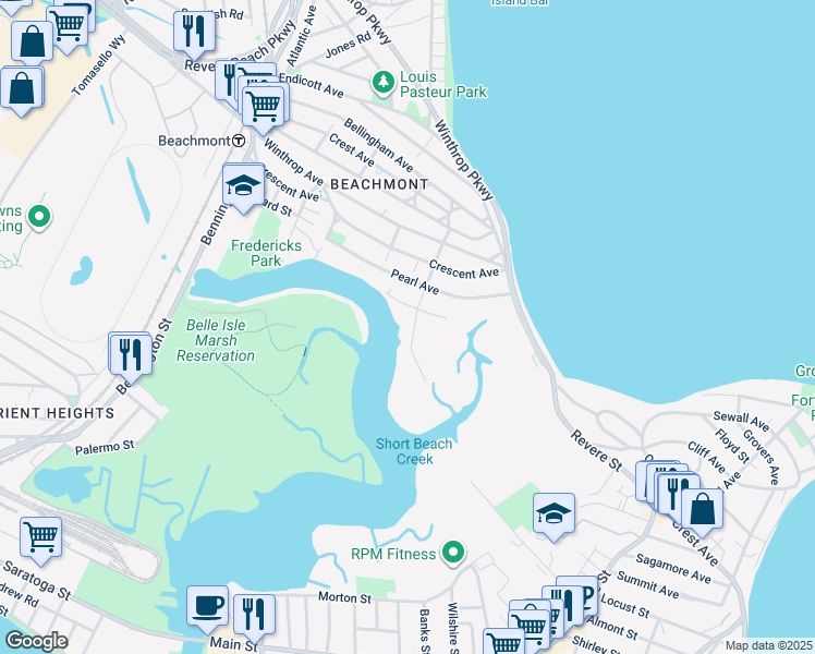 map of restaurants, bars, coffee shops, grocery stores, and more near 103 Summer Street in Revere