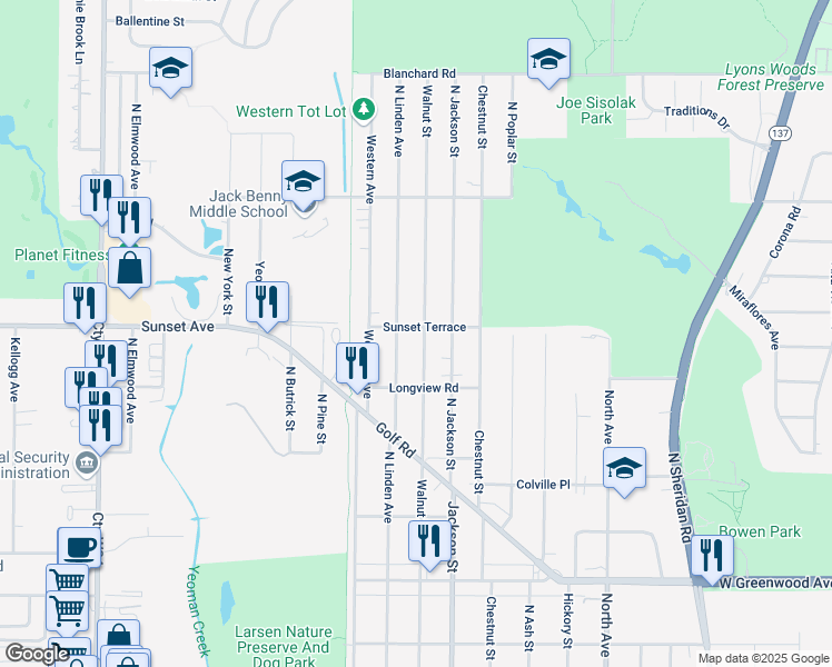 map of restaurants, bars, coffee shops, grocery stores, and more near 2132 Walnut Street in Waukegan