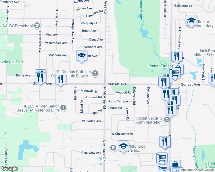 map of restaurants, bars, coffee shops, grocery stores, and more near 2545 Sunset Avenue in Waukegan