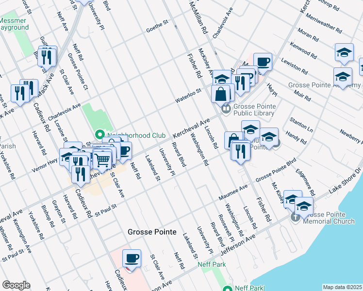 map of restaurants, bars, coffee shops, grocery stores, and more near 534 Rivard Boulevard in Grosse Pointe