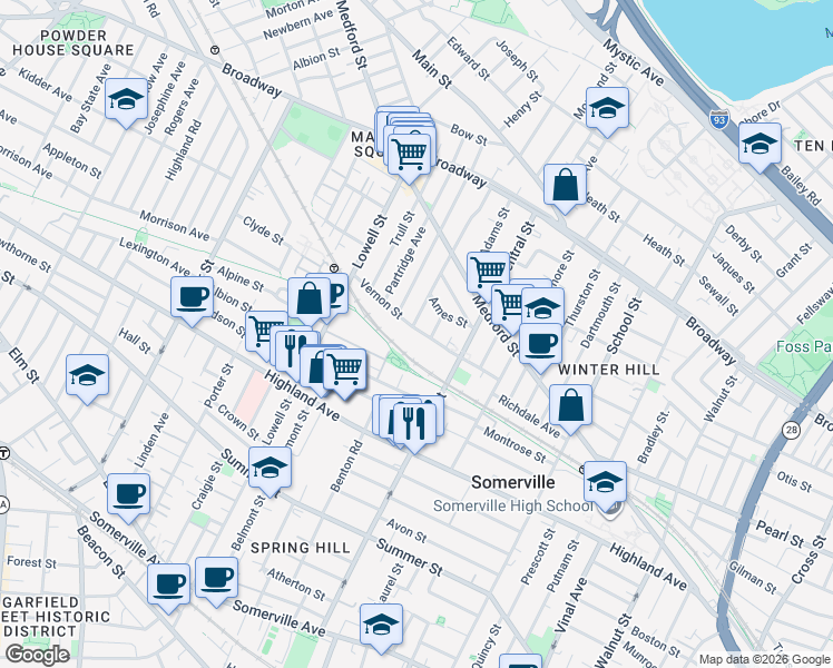 map of restaurants, bars, coffee shops, grocery stores, and more near 9 Bartlett Street in Somerville
