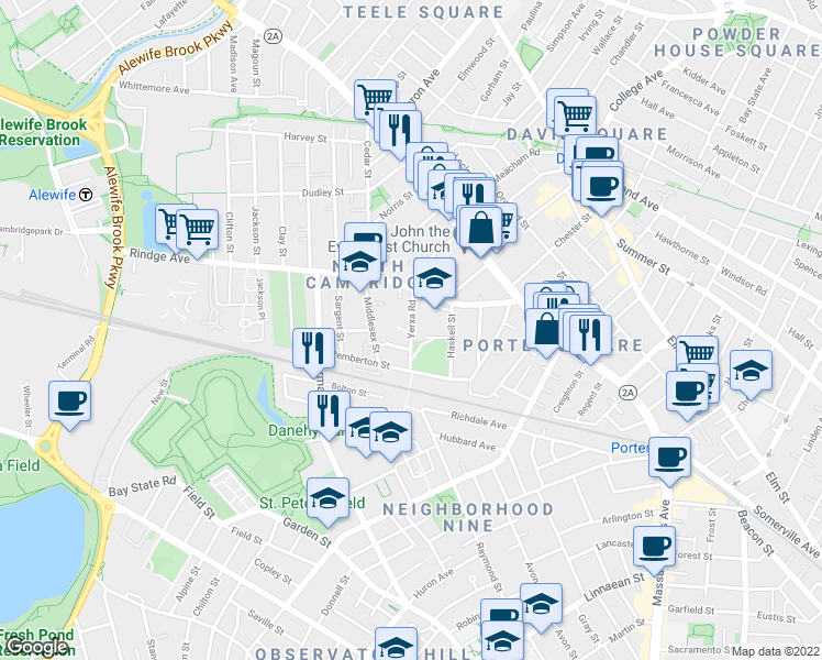 map of restaurants, bars, coffee shops, grocery stores, and more near 77 Rindge Avenue in Cambridge