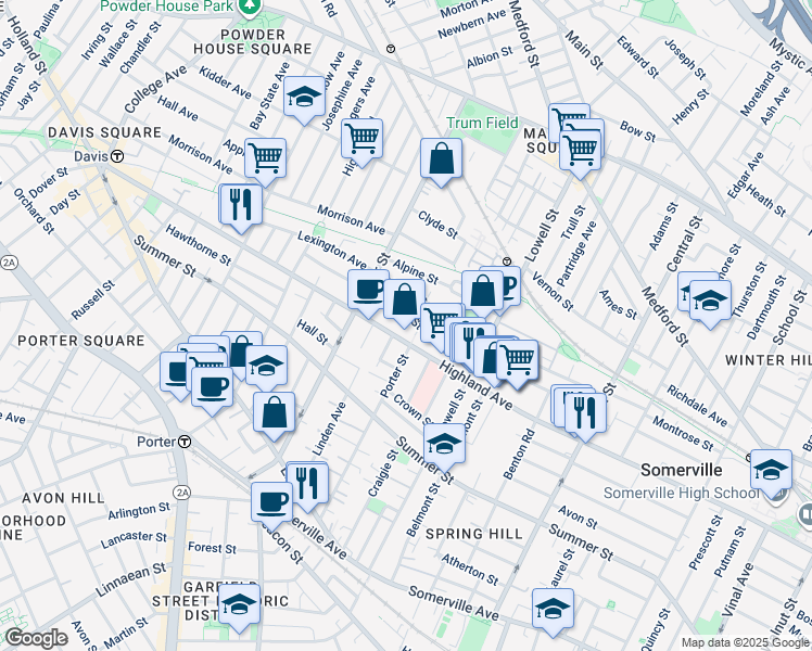 map of restaurants, bars, coffee shops, grocery stores, and more near 257 Highland Avenue in Somerville