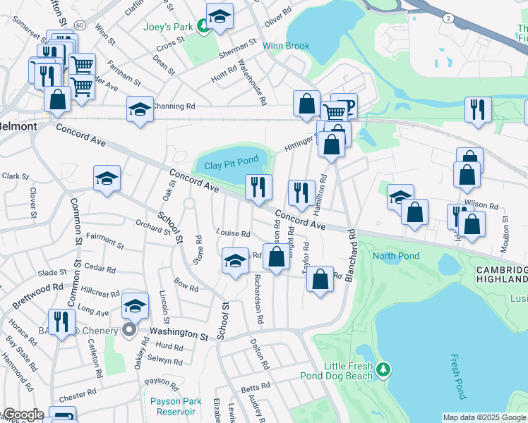 map of restaurants, bars, coffee shops, grocery stores, and more near 31 Clyde Street in Belmont