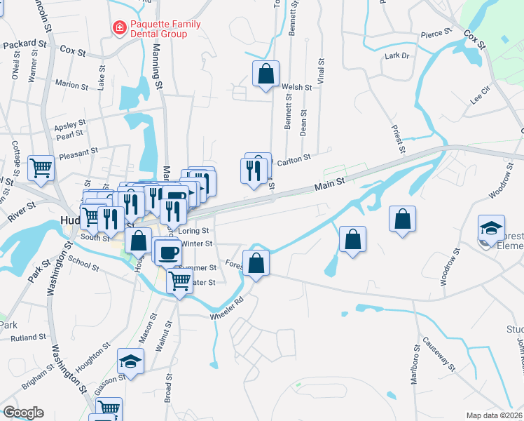 map of restaurants, bars, coffee shops, grocery stores, and more near 38 Cherry Street in Hudson