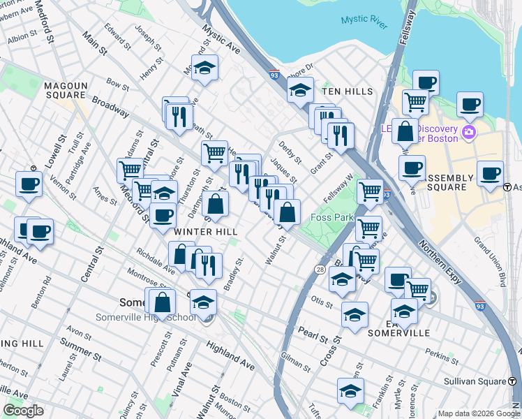 map of restaurants, bars, coffee shops, grocery stores, and more near 300 Broadway in Somerville