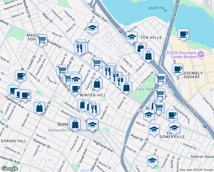 map of restaurants, bars, coffee shops, grocery stores, and more near 4 Oakland Avenue in Somerville