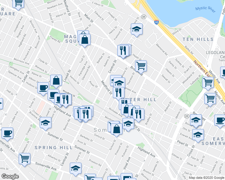 map of restaurants, bars, coffee shops, grocery stores, and more near 418 Medford Street in Somerville