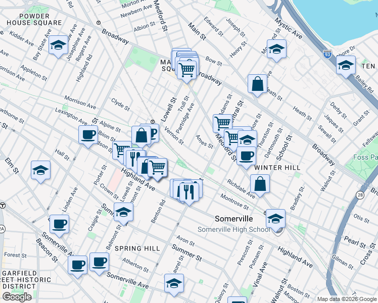 map of restaurants, bars, coffee shops, grocery stores, and more near 9 Bartlett Street in Somerville