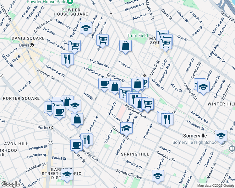 map of restaurants, bars, coffee shops, grocery stores, and more near 257 Highland Avenue in Somerville