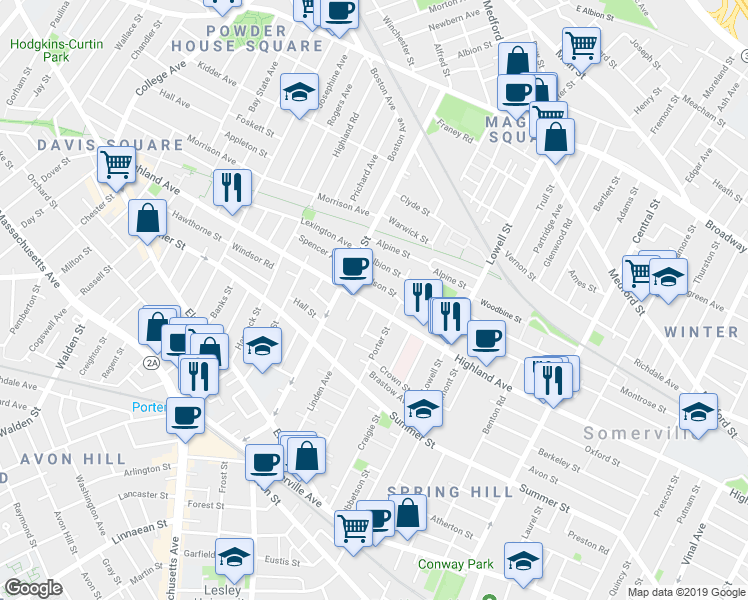 map of restaurants, bars, coffee shops, grocery stores, and more near 257 Highland Avenue in Somerville