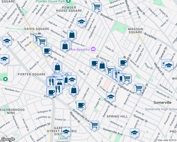 map of restaurants, bars, coffee shops, grocery stores, and more near 11 Hall Street in Somerville