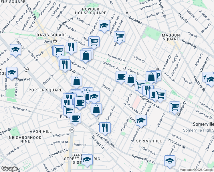 map of restaurants, bars, coffee shops, grocery stores, and more near 11 Hall Street in Somerville