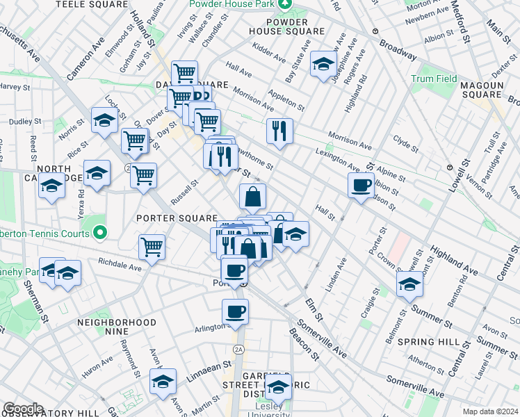 map of restaurants, bars, coffee shops, grocery stores, and more near 16 Banks Street in Somerville