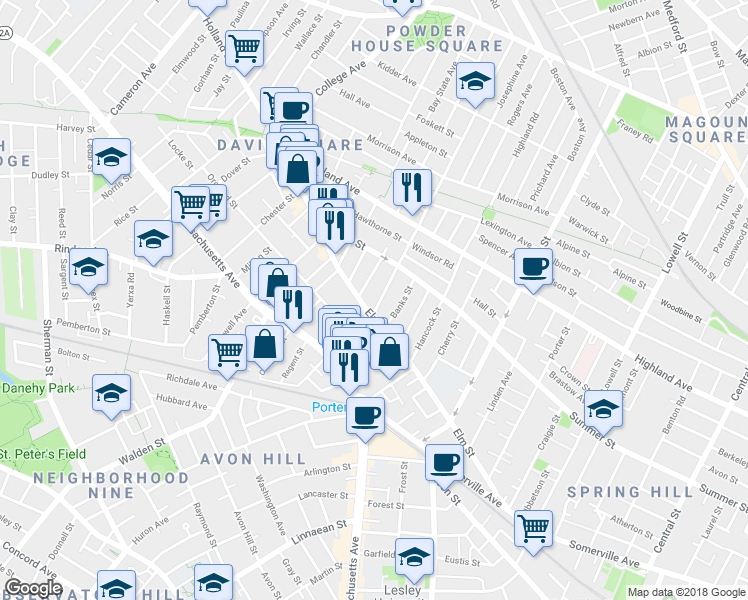 map of restaurants, bars, coffee shops, grocery stores, and more near 16 Banks Street in Somerville
