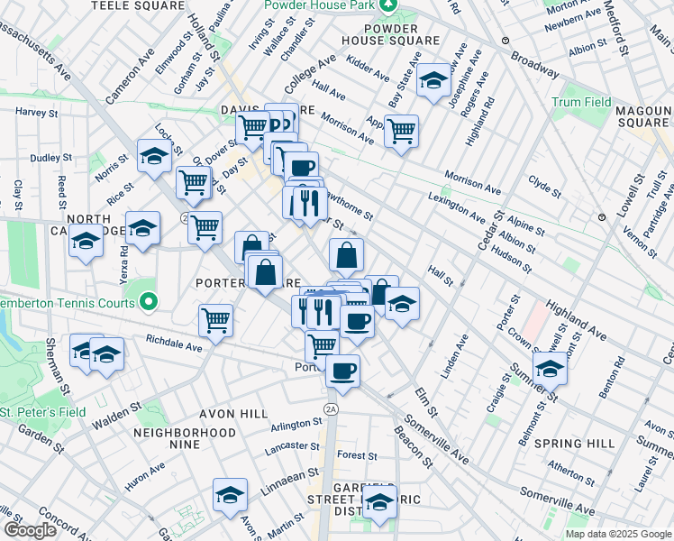 map of restaurants, bars, coffee shops, grocery stores, and more near 25 Beech Street in Cambridge