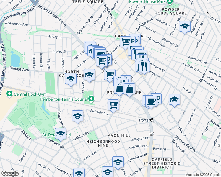 map of restaurants, bars, coffee shops, grocery stores, and more near 35 Pemberton Street in Cambridge