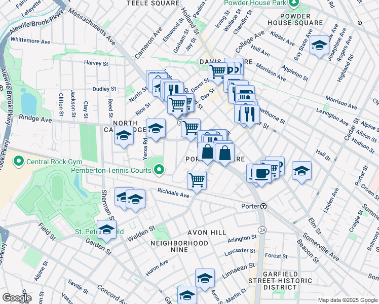 map of restaurants, bars, coffee shops, grocery stores, and more near 35 Pemberton Street in Cambridge