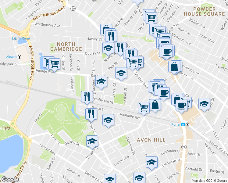 map of restaurants, bars, coffee shops, grocery stores, and more near 77 Rindge Avenue in Cambridge