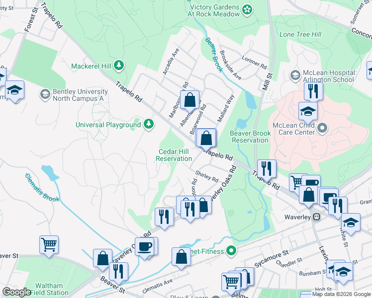 map of restaurants, bars, coffee shops, grocery stores, and more near 106 Shirley Road in Waltham